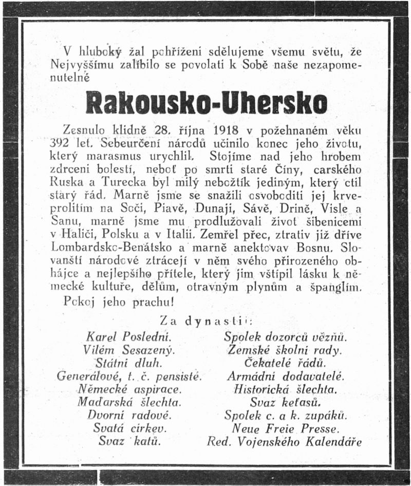 zobrazit detail historického snímku: Uznámení o »úmrtí« Rakousko-uherské monarchie.